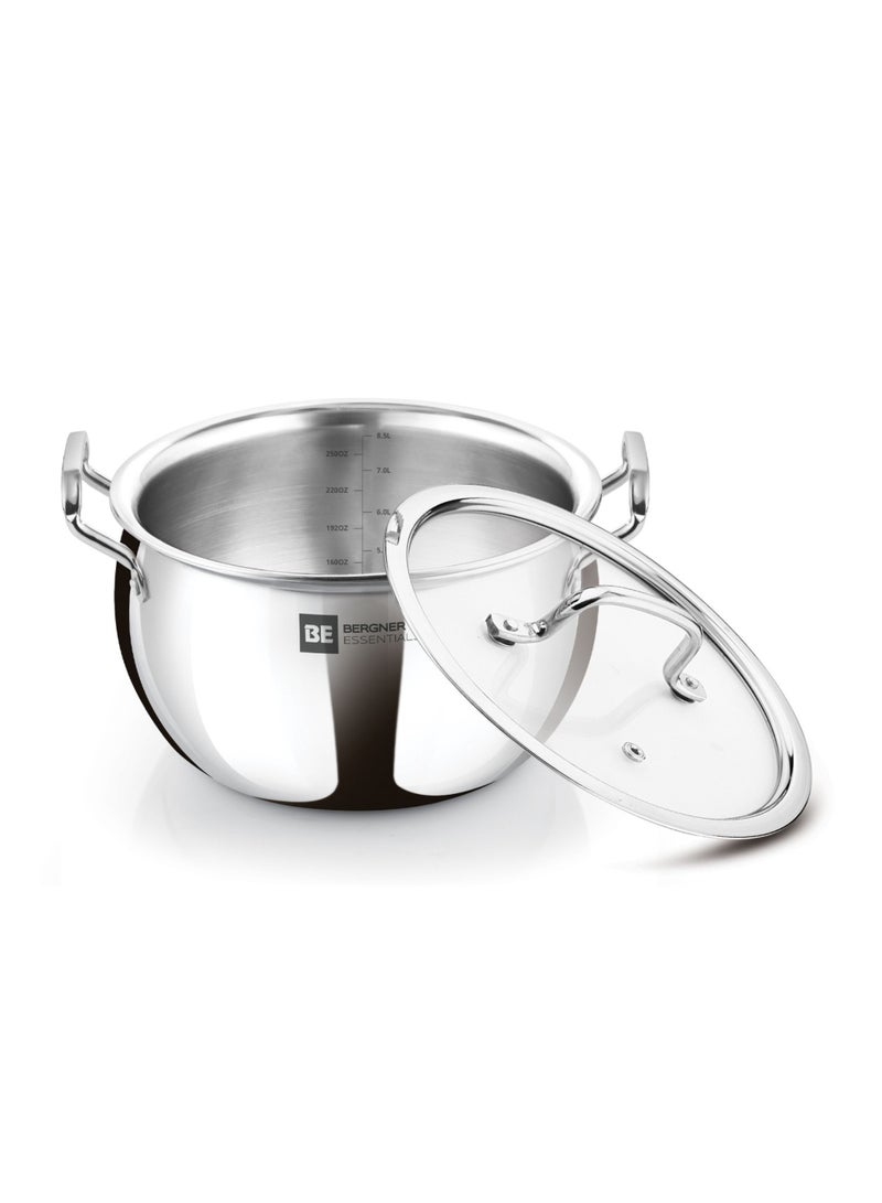 Bergner Essentials 28cm (9.5L) Tri-Ply Stainless Steel Large Rice Pot – Heavy-Duty Healthy Cooking Handi with Glass Lid for Biryani Pulao Soups Curries – Even Heating – Gas & Induction Compatible - Image 1